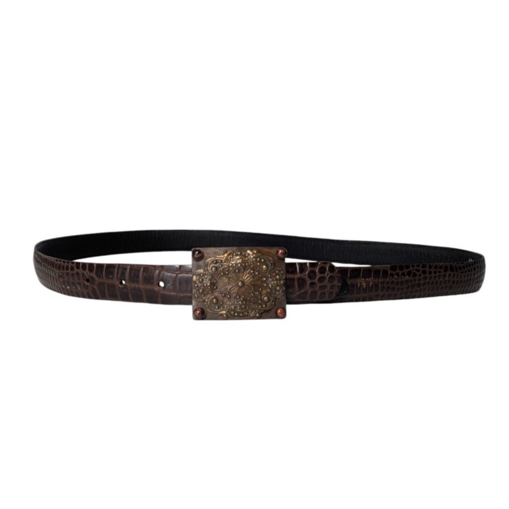 Vintage Elaine Coyne Brown Brass Square Leather Croc Embossed Belt Size Large - Picture 4 of 11